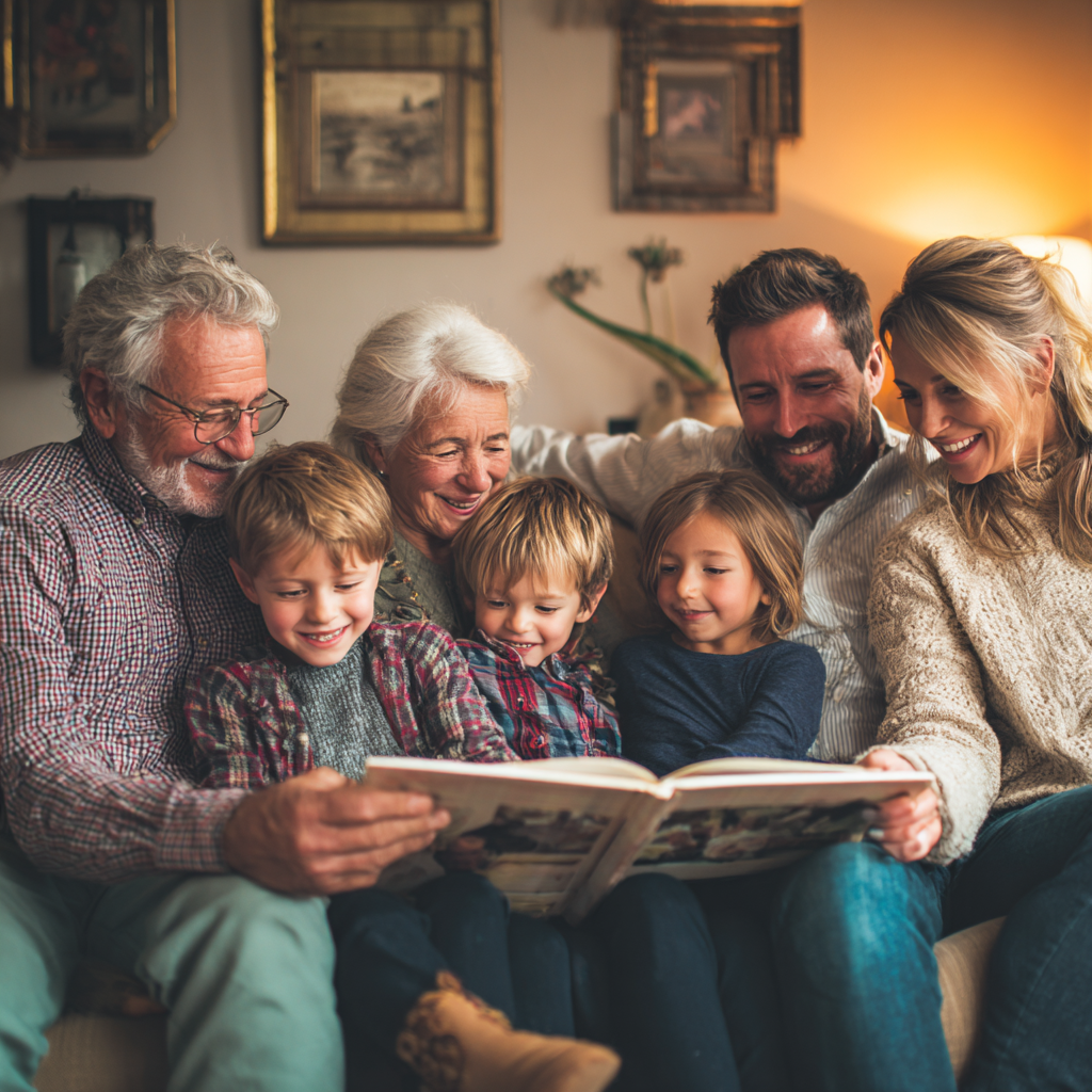 Family of three generations sharing stories together