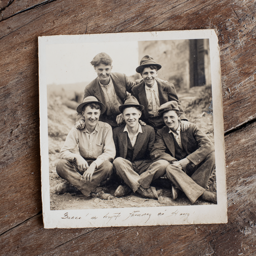 Vintage family photograph on a wooden table